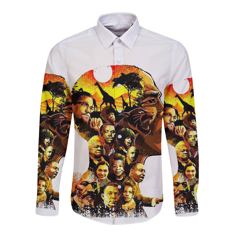 White long-sleeve button shirt with colorful leaders portrait graphic on front
