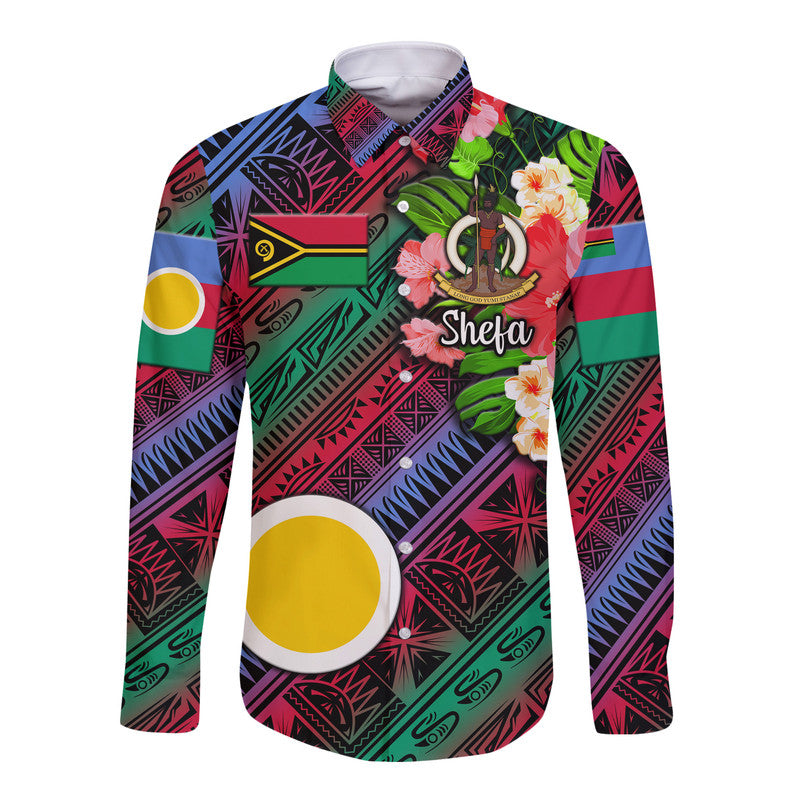 Long sleeve button shirt with Shefa front print and tropical floral pattern