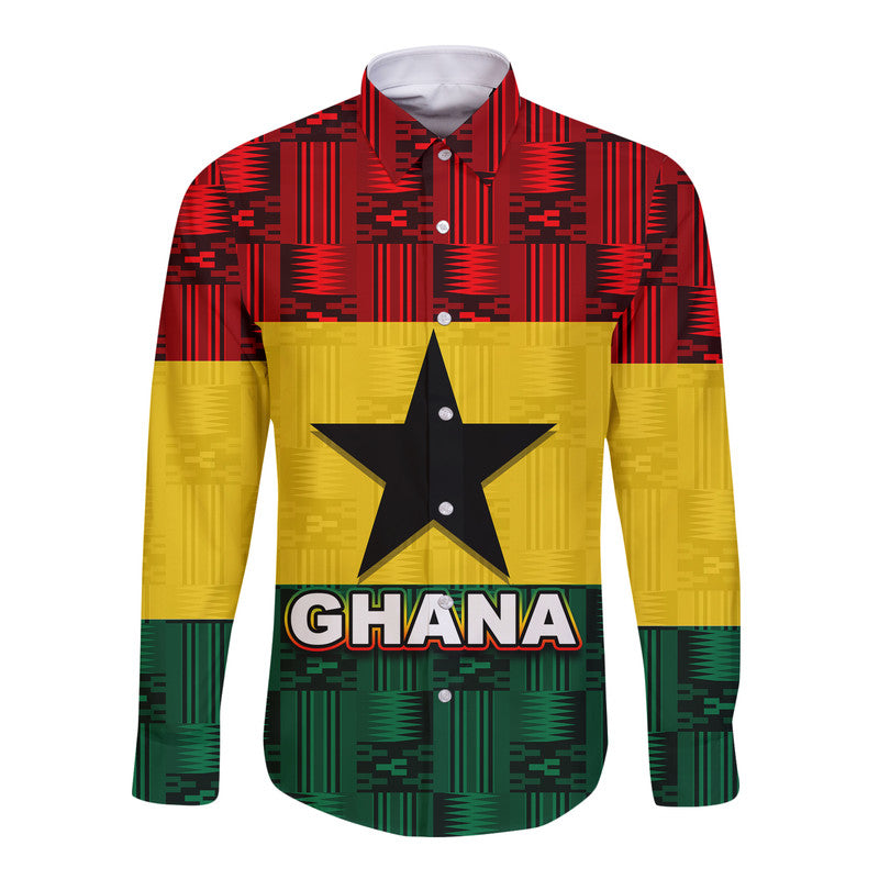 Red long sleeve shirt with Ghana text, large black star, green and yellow panels