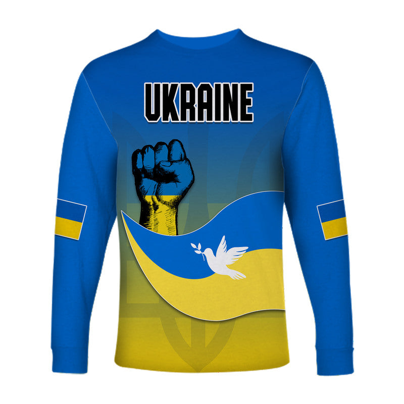 Blue unisex long-sleeve Ukraine shirt with 'UKRAINE' text, dove over flag-style graphic