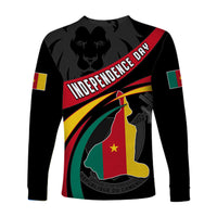 Black long-sleeve Independence Day shirt with Cameroon map graphic and red title band