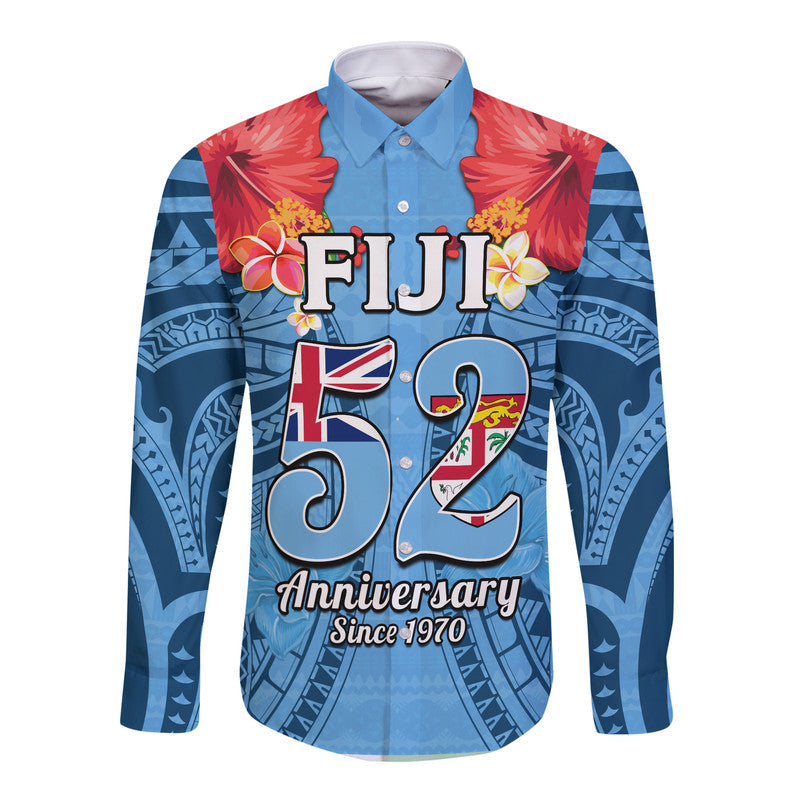 Blue long-sleeve button shirt with Fiji 52 years independence front graphic