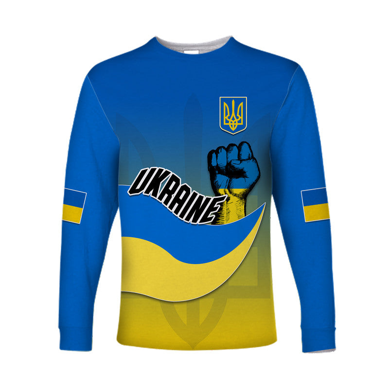 Blue unisex long-sleeve Ukraine shirt, 'UKRAINE' lettering, trident emblem and fist