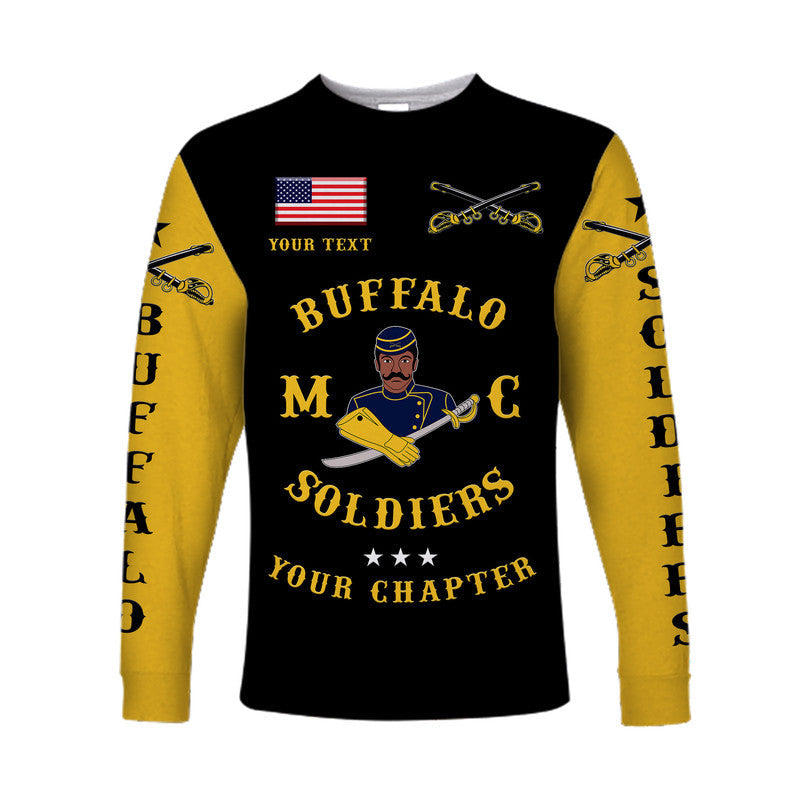 Black long-sleeve shirt with yellow sleeves; Buffalo Soldiers graphic and custom text