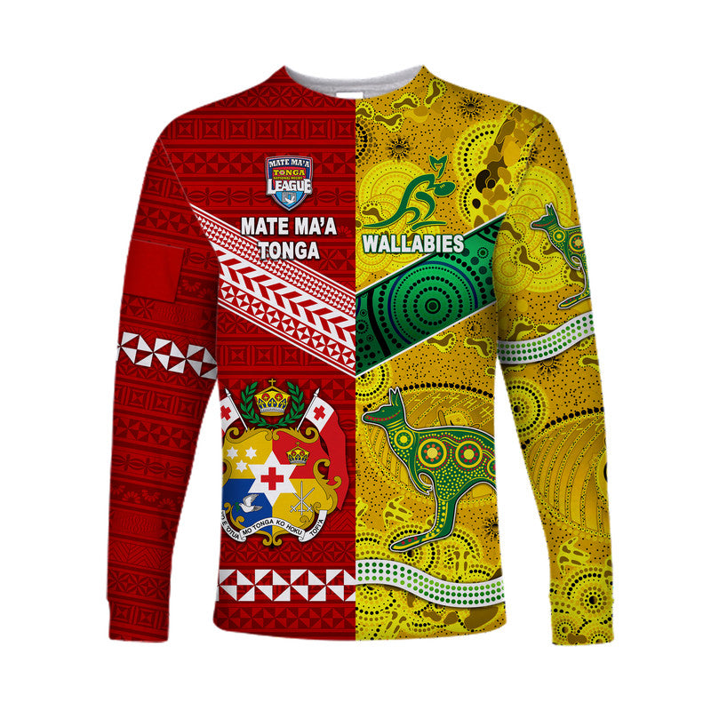 Mate Ma'a Tonga Ngatu And Australia Wallabies Aboriginal Long Sleeve Shirt Rugby Together LT8 - Wonder Print Shop