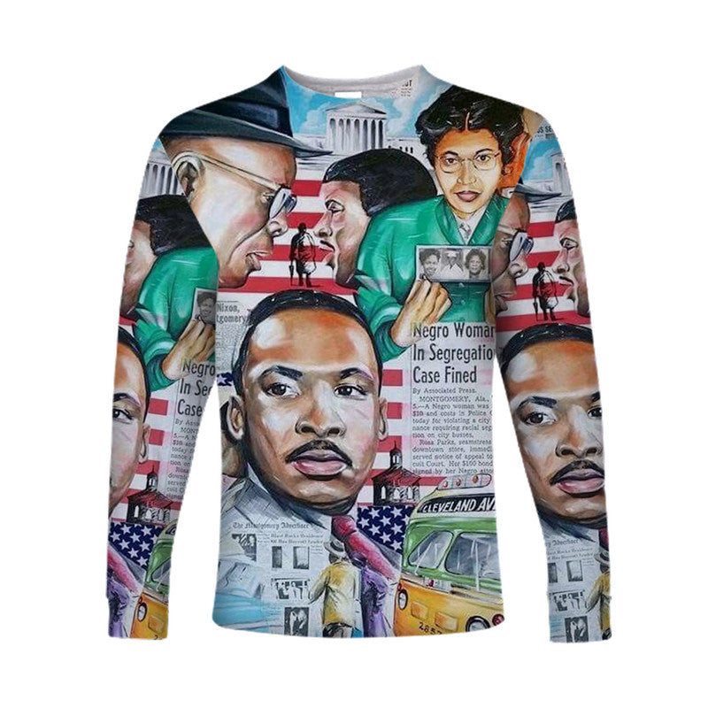 Long-sleeve shirt with colorful newspaper collage of civil rights leaders’ faces