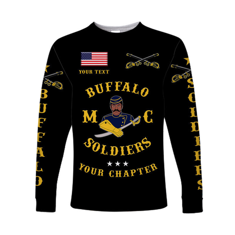 Black unisex long-sleeve shirt with Buffalo Soldiers motorcycle club front graphic