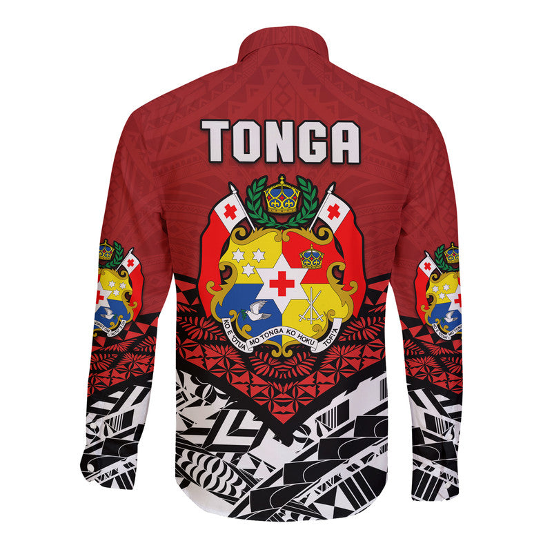 Red long-sleeve button shirt with Tonga crest and 52nd text on back