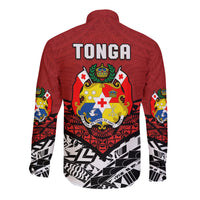 Red long-sleeve button shirt with Tonga crest and 52nd text on back