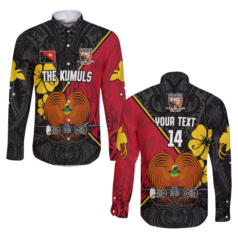 Unisex long-sleeve button shirt, black base with red panels and 'THE KUMULS' front print