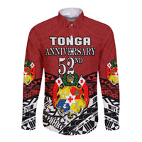 Red long-sleeve button shirt with large Tonga Anniversary 52nd graphic on front