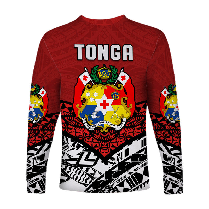 Red unisex long-sleeve shirt close-up: Tonga crest with cross motifs, geometric pattern