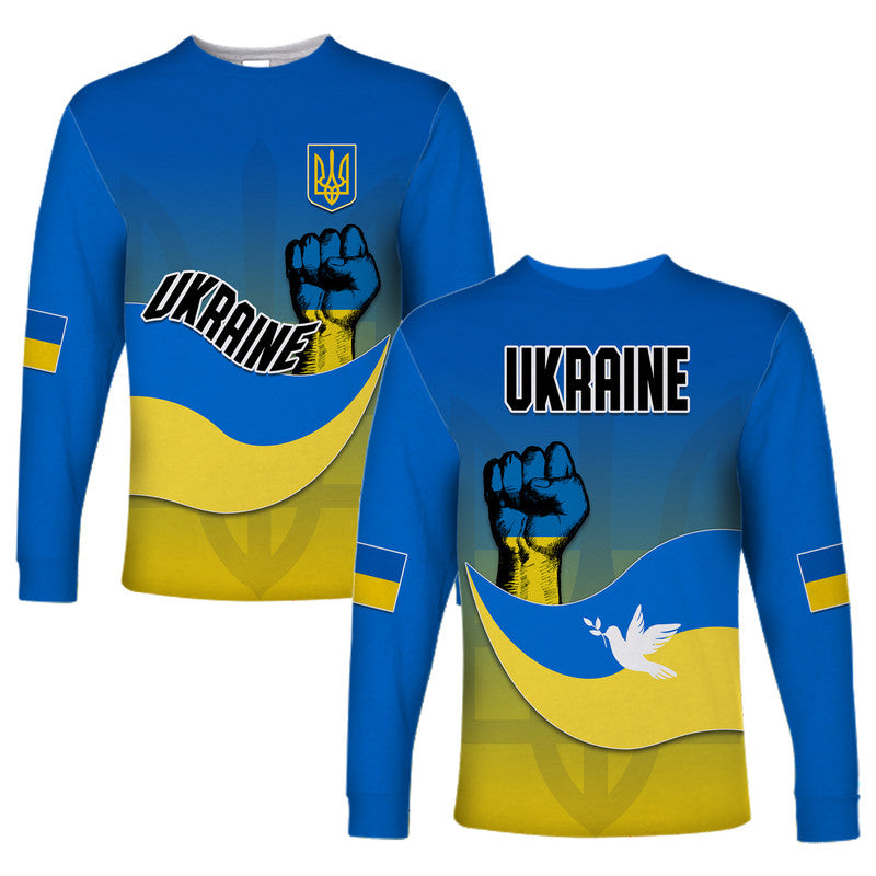 Blue unisex long-sleeve Ukraine shirt with 'UKRAINE' text, fist and dove graphic