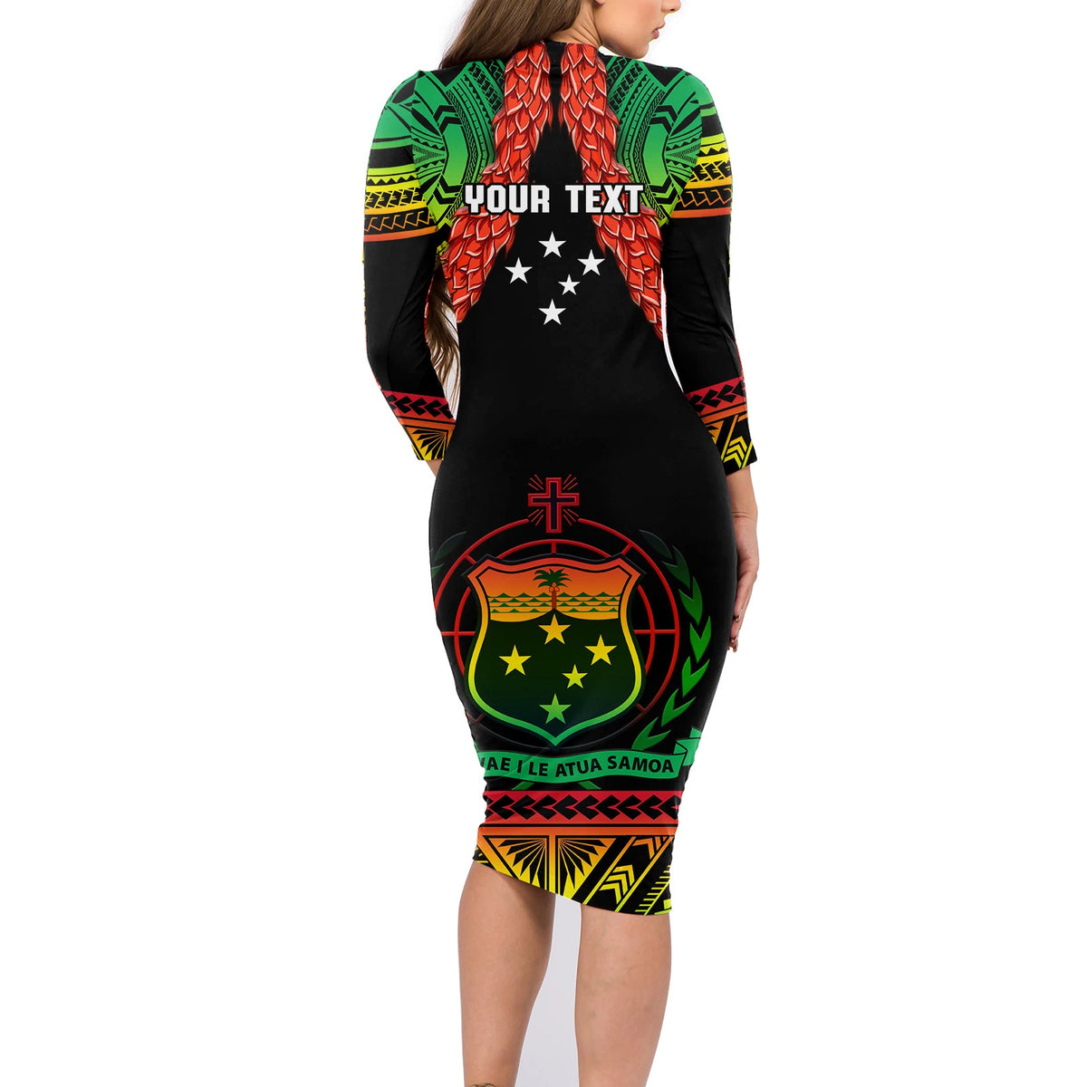 Black long-sleeve rugby dress with YOUR TEXT and green red crest graphic