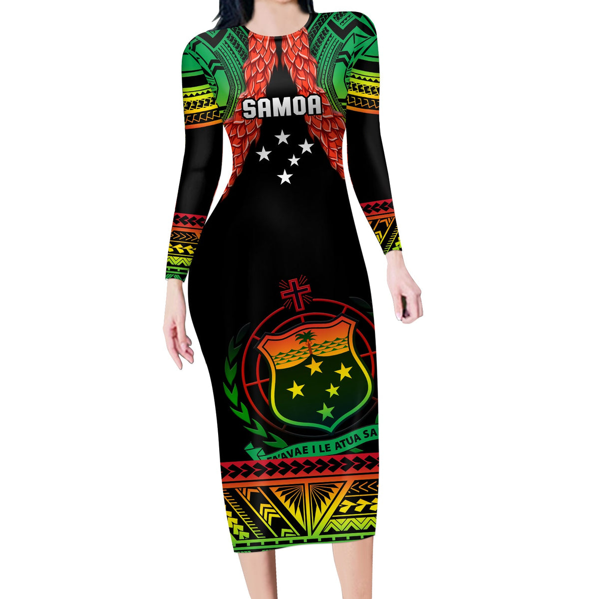 Black long-sleeve rugby dress with green tribal sleeves and red winged crest print