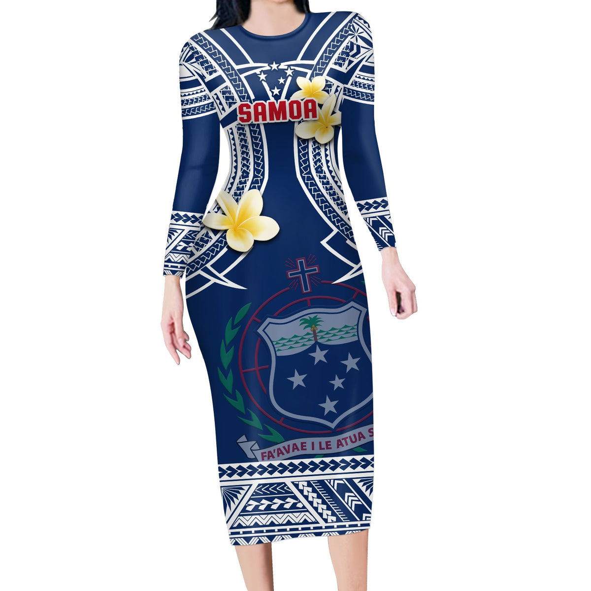Blue long-sleeve midi dress with Polynesian geometric print and yellow plumeria flowers