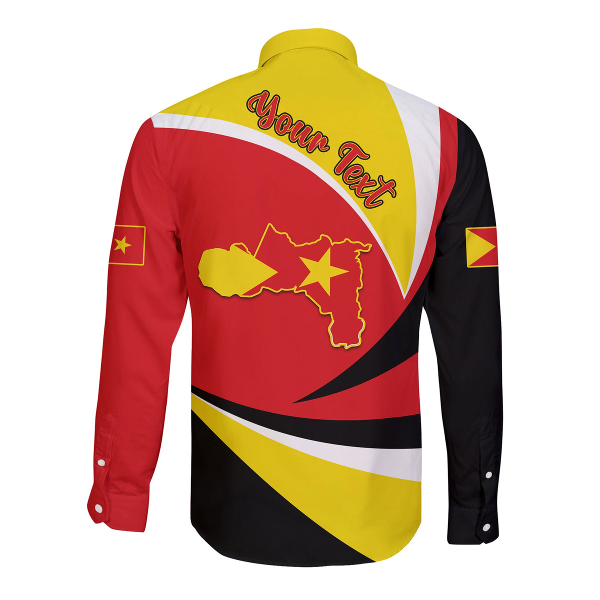 Unisex long-sleeve button shirt, back Tigray flag print, red/yellow/black