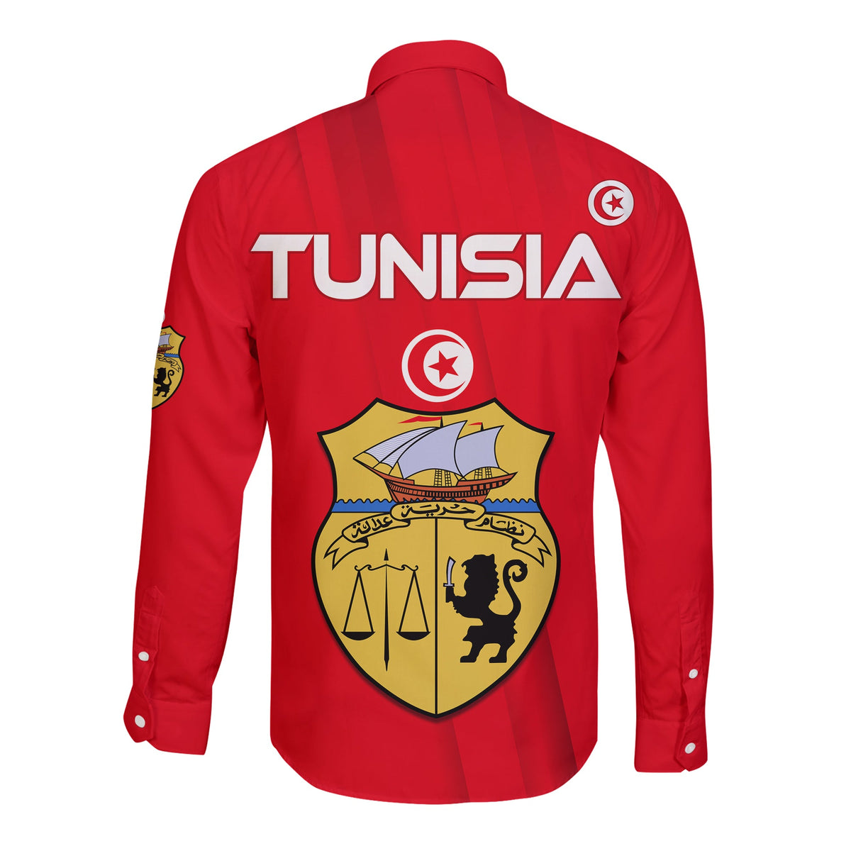 Red long sleeve button shirt, back TUNISIA print with Tunisia shield emblem and star