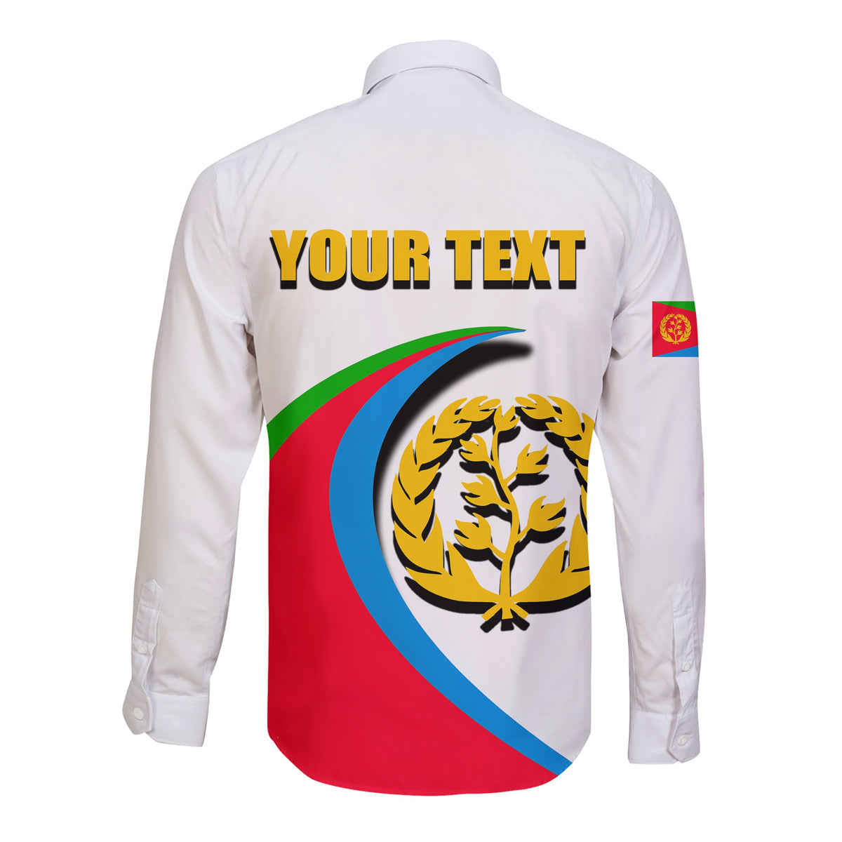 White long-sleeve button shirt back: 'YOUR TEXT' over Eritrea map and colors