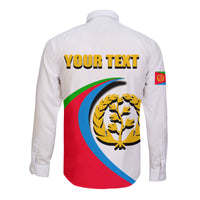 White long-sleeve button shirt back: 'YOUR TEXT' over Eritrea map and colors