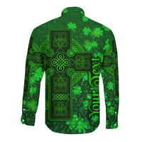 Back view green unisex long sleeve button shirt with Celtic cross, shamrocks, vertical lettering