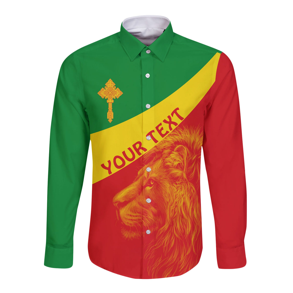 Long sleeve button shirt with green/yellow/red panels, Ethiopian cross and lion graphic