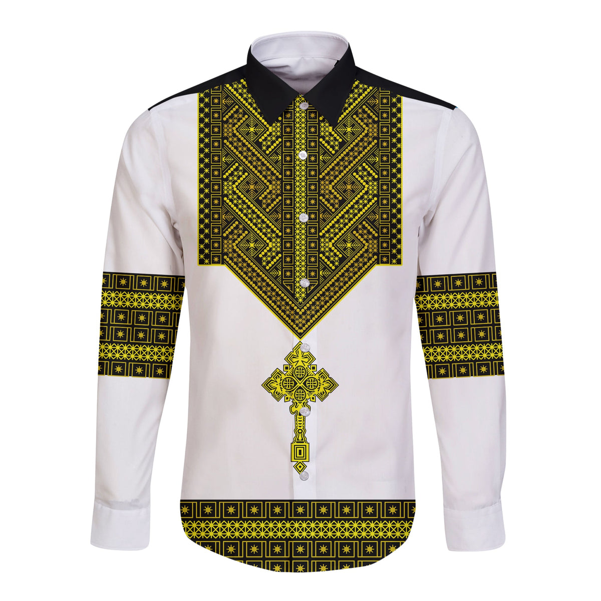 White long-sleeve button shirt, black collar, green/yellow Ethiopian cross print