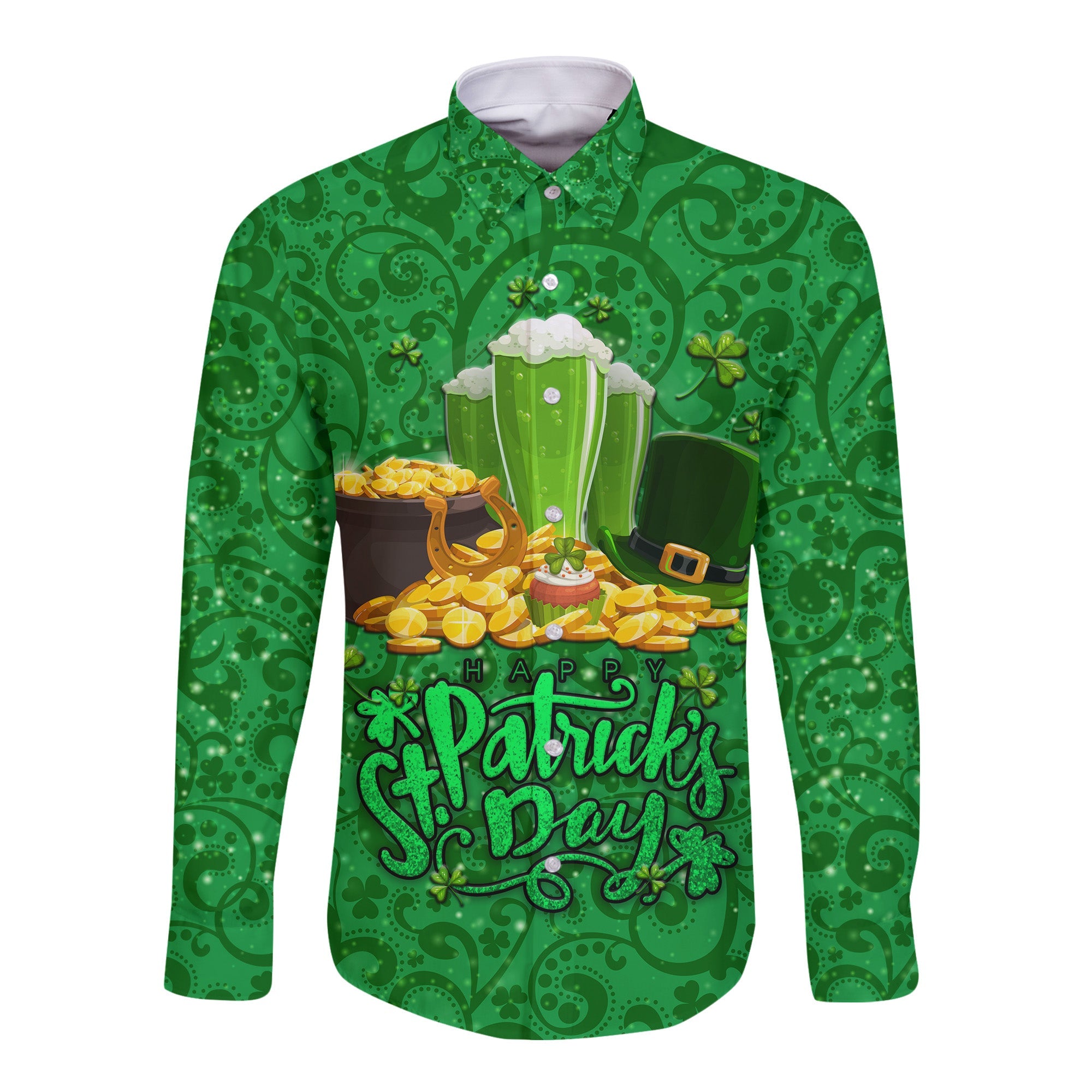 Ireland Happy Saint Patrick's Day Hawaii Long Sleeve Button Shirt With Shamrock LT8 - Wonder Print Shop