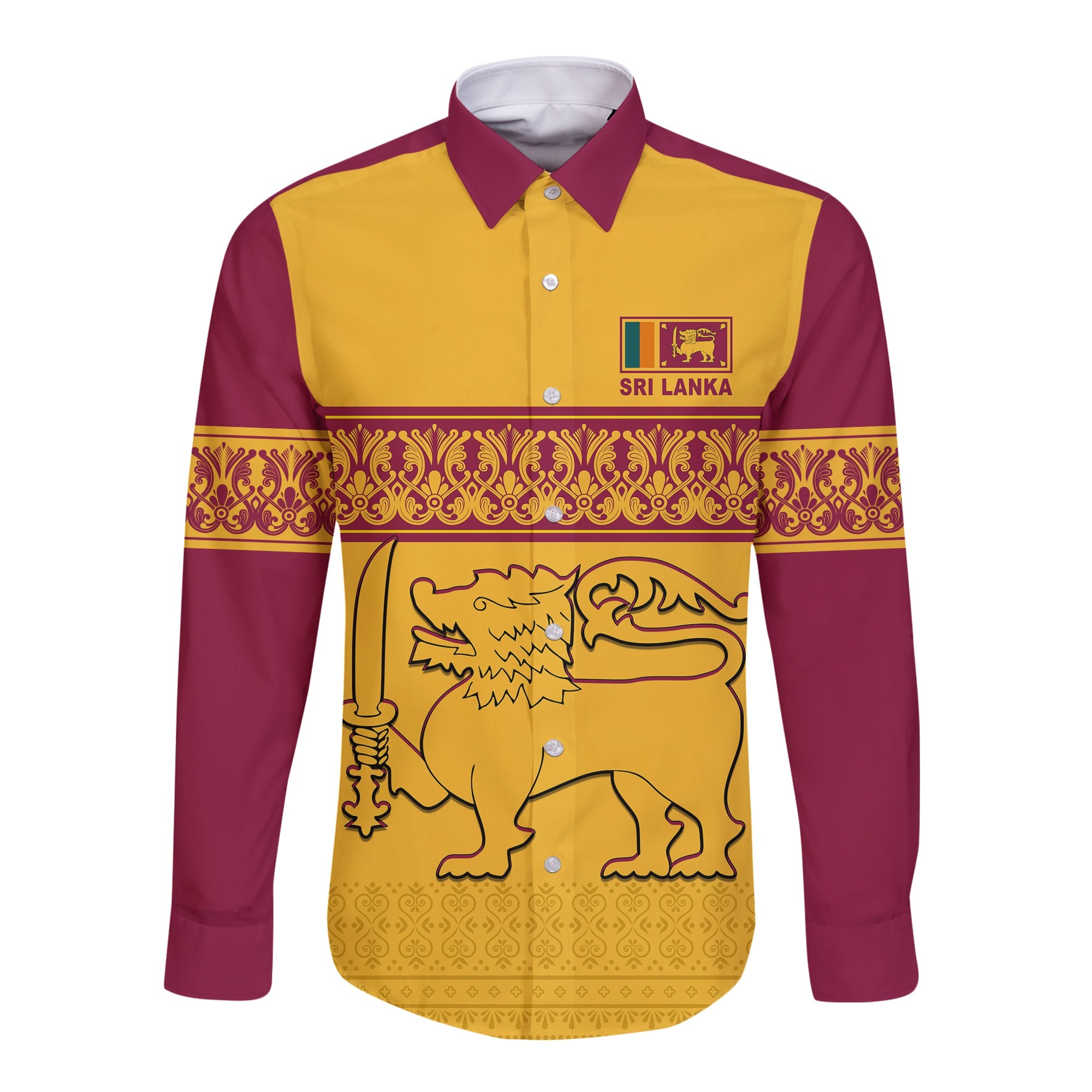 (Custom Text and Number) Sri Lanka Hawaii Long Sleeve Button Shirt Traditional Pattern and Lion Flag LT13 - Wonder Print Shop