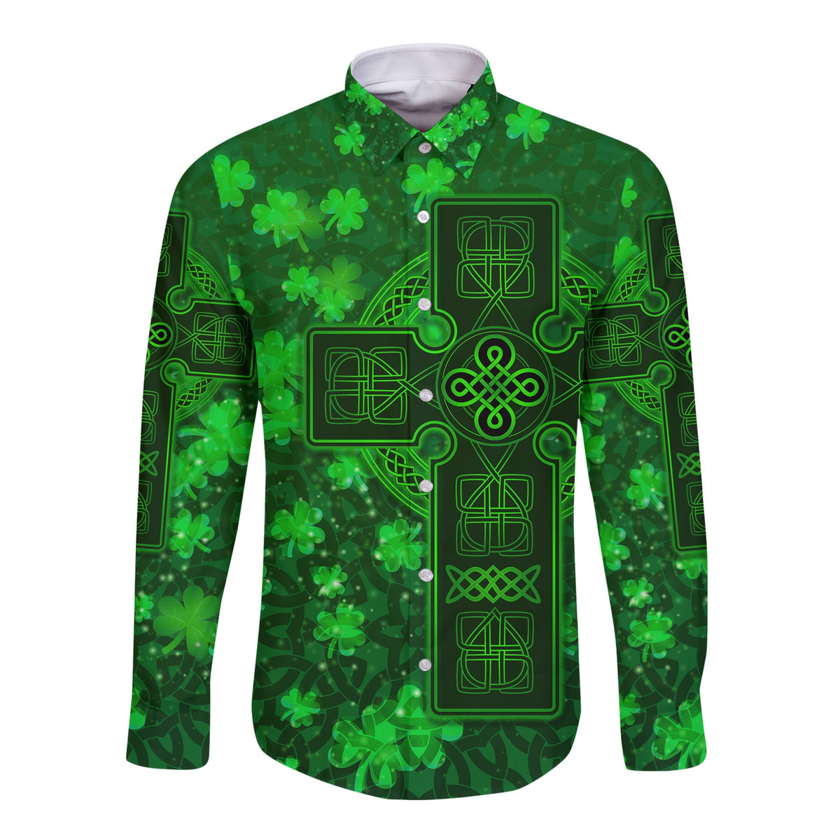 Green unisex long-sleeve button shirt with Celtic cross and shamrocks graphic