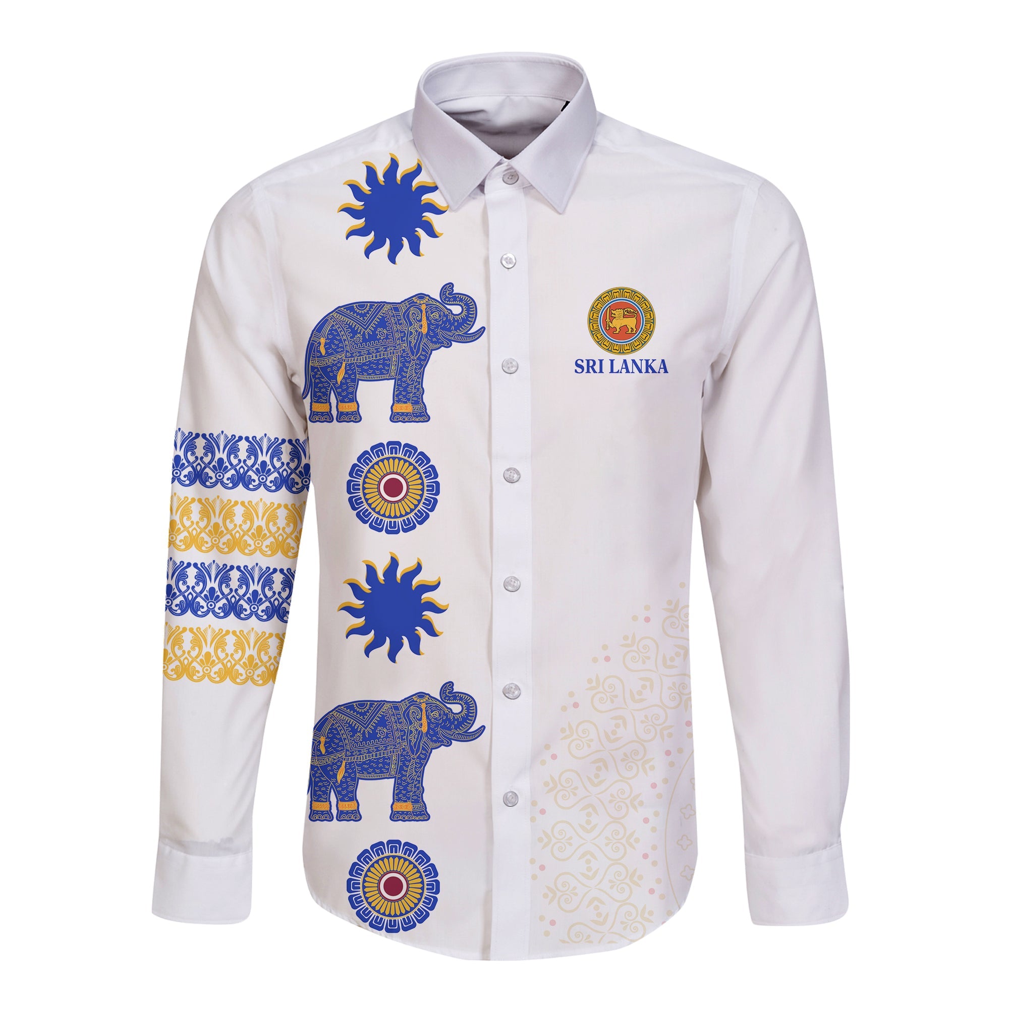 Sri Lanka Hawaii Long Sleeve Button Shirt Traditional Pattern and Elephants LT13 - Wonder Print Shop