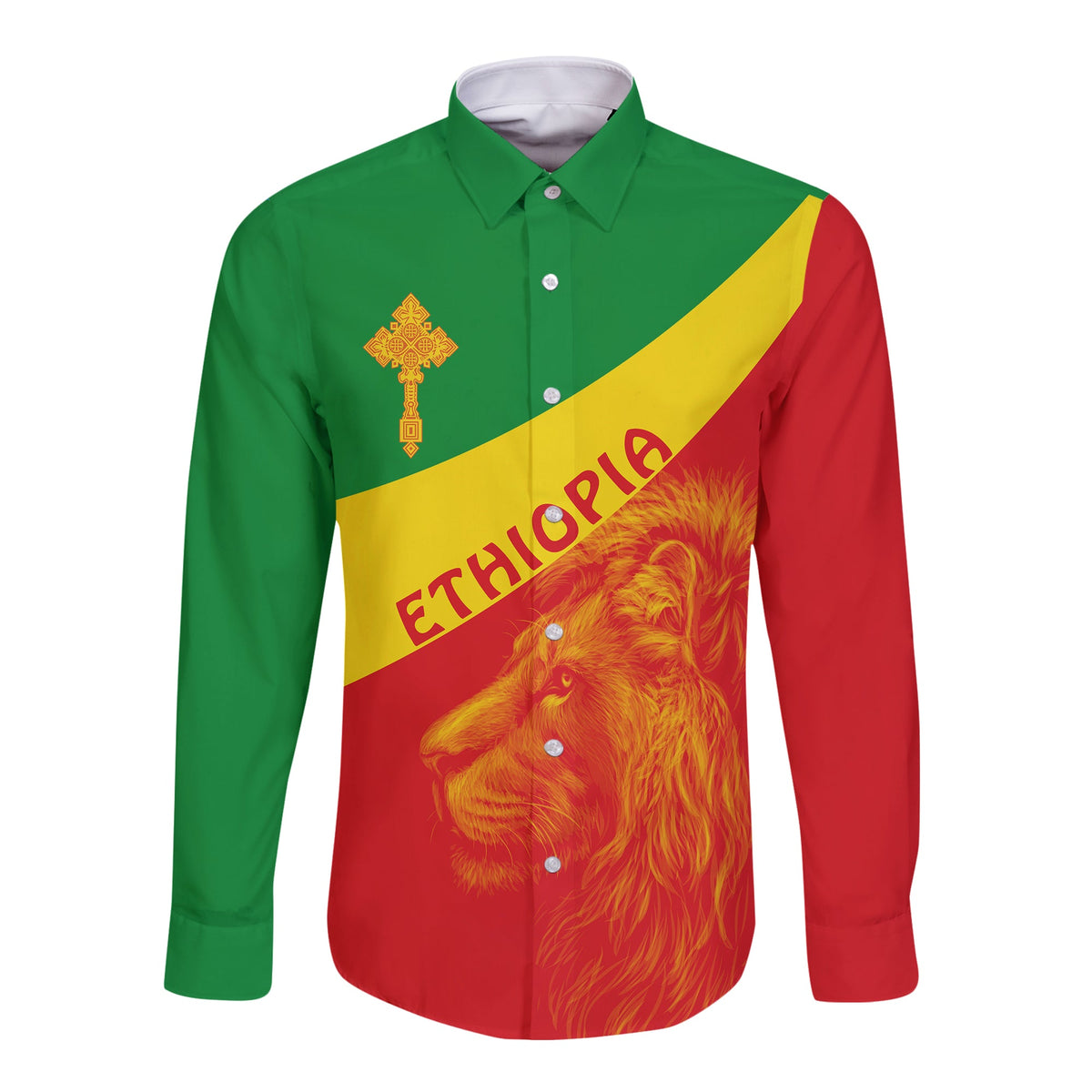Green, yellow, and red long-sleeve button shirt with Ethiopian cross and lion graphic