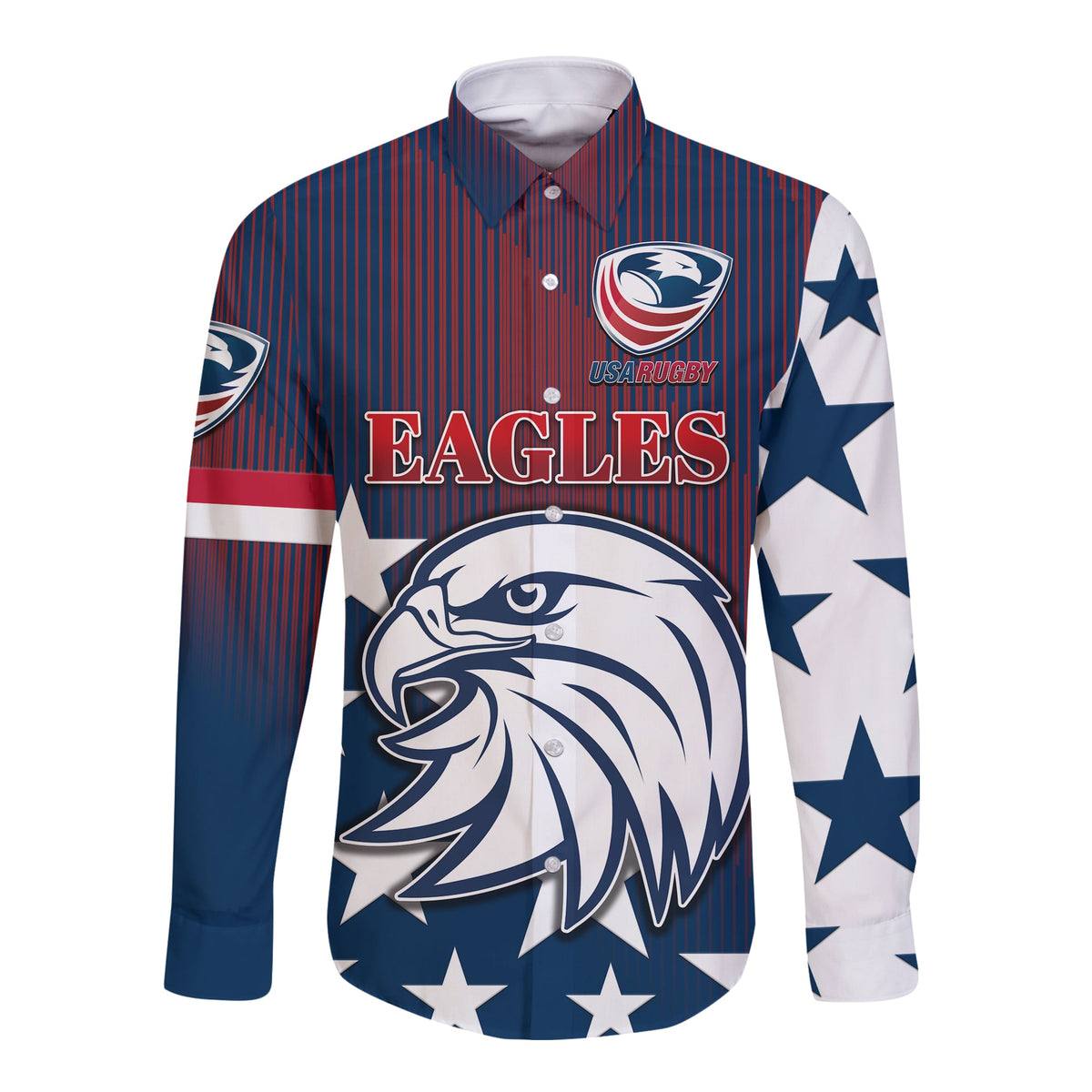 Blue long-sleeve button shirt with red/white stripes and Eagles front logo