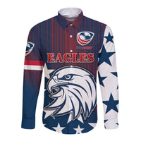 Blue long-sleeve button shirt with red/white stripes and Eagles front logo
