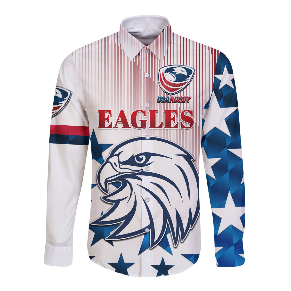Weißes Rugbyhemd mit Knopfleiste, Streifenmuster und Adler-Print, Ärmel mit Sternen