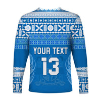 Blue long sleeve tapa shirt with 'YOUR TEXT' and 13 print (back)