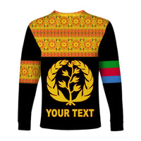 Black unisex long-sleeve shirt back with gold tree emblem and “YOUR TEXT” panel