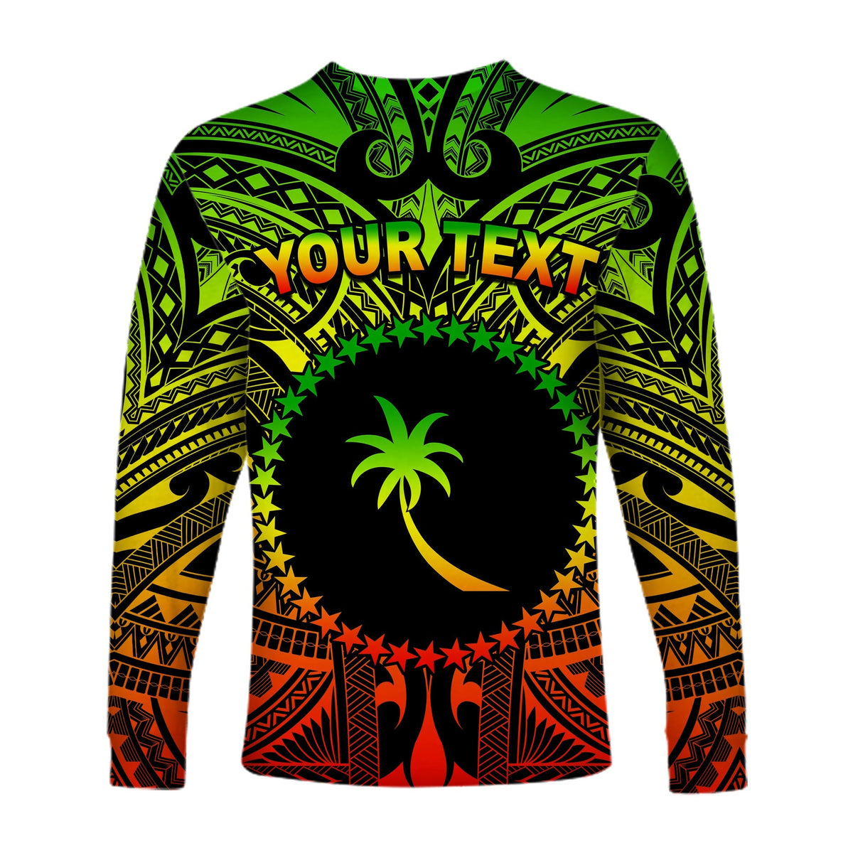 Reggae Langarmshirt Rückseite mit 'YOUR TEXT' und rundem Palm-Emblem, lange Ärmel