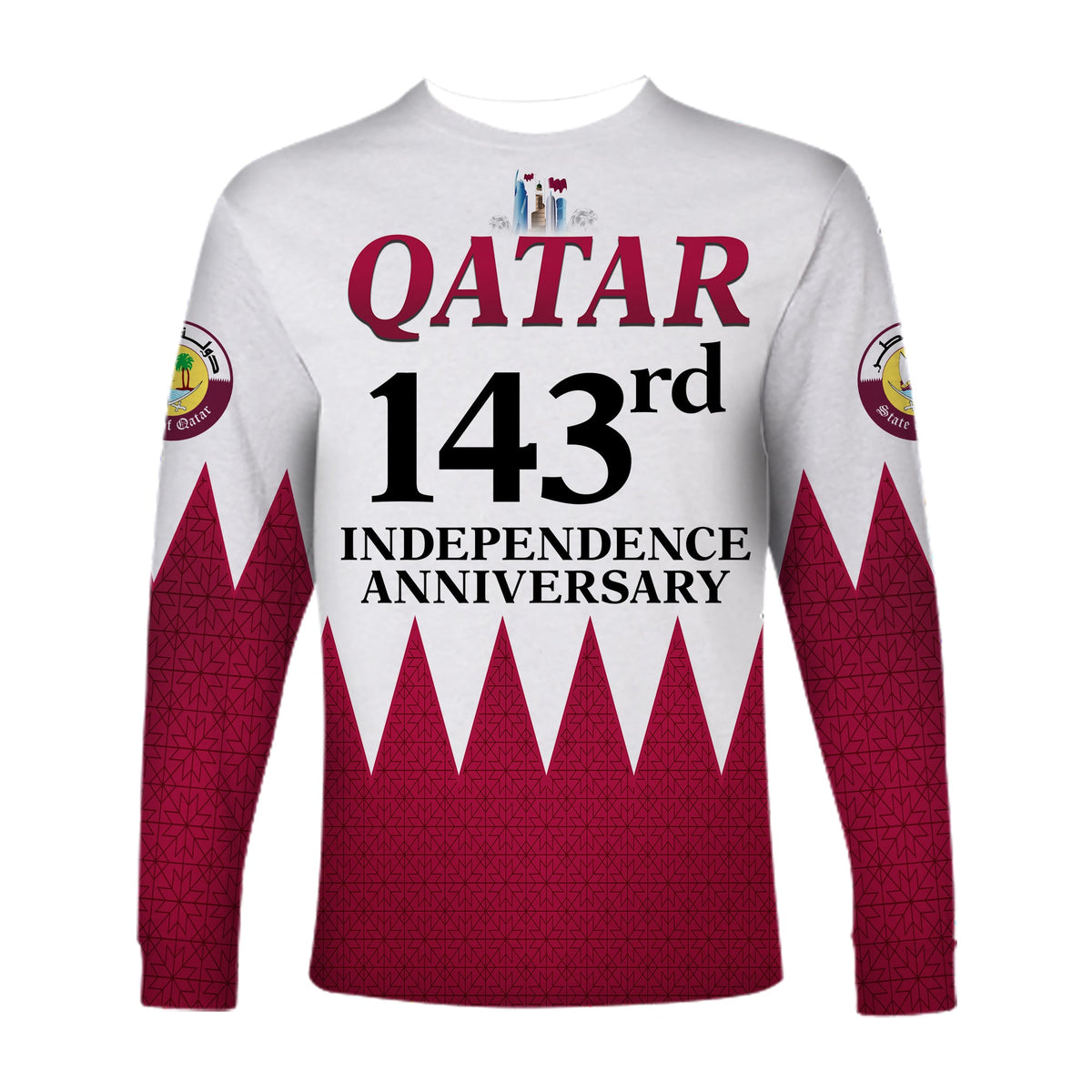 White long-sleeve shirt with Qatar 143rd independence anniversary text and maroon zigzag