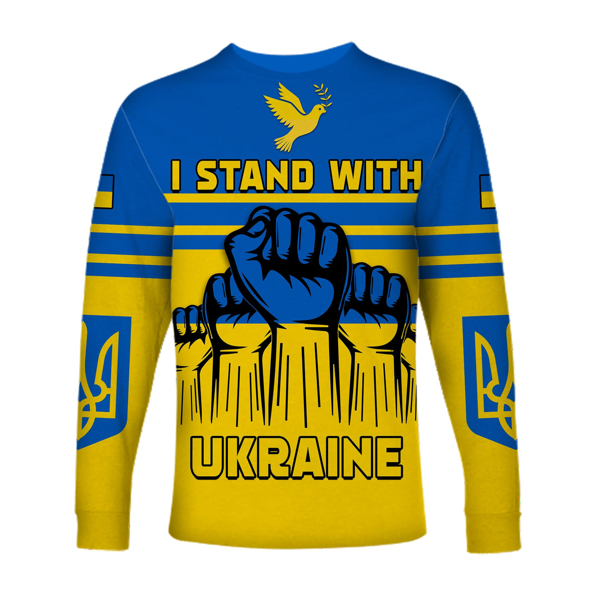 Unisex long-sleeve shirt blue and yellow with “I STAND WITH” and “UKRAINE” text