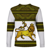 Back view: white long-sleeve shirt with green and gold geometric trim and lion graphic
