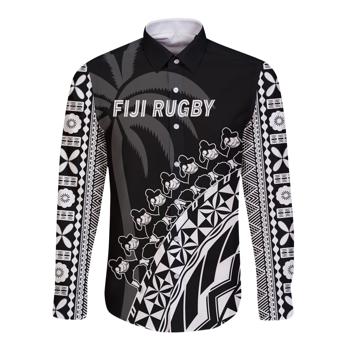 Black long-sleeve rugby button shirt with white tribal pattern, front graphic
