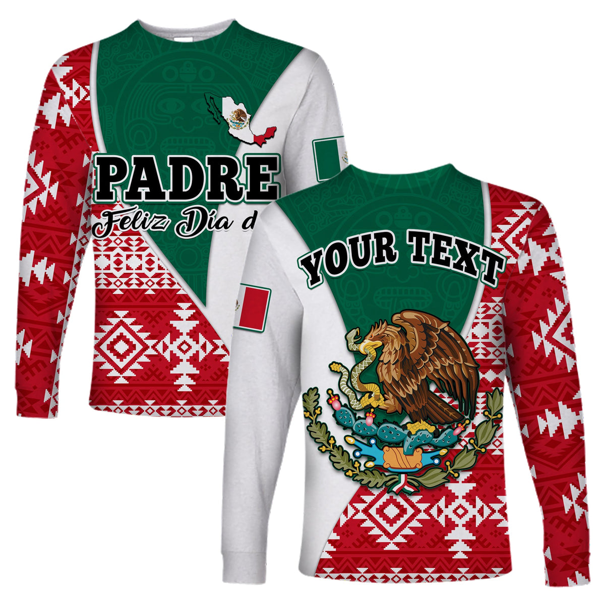 Red long-sleeve shirt with green yoke, 'PADRE' and 'Feliz Dia del...' front print