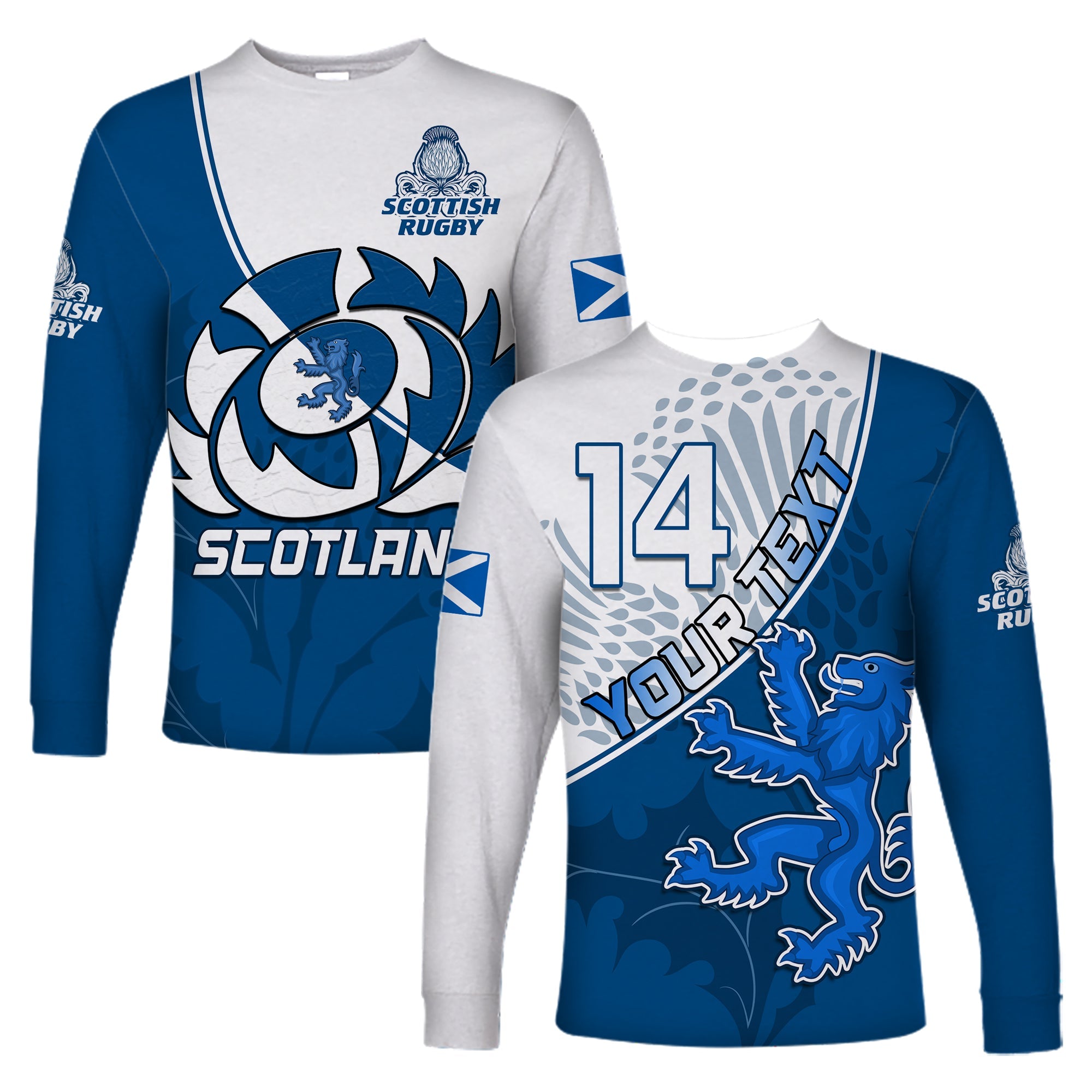 (Custom Text and Number) Scotland Rugby Long Sleeve Shirt Scottish Coat Of Arms Mix Thistle Newest Version - Wonder Print Shop