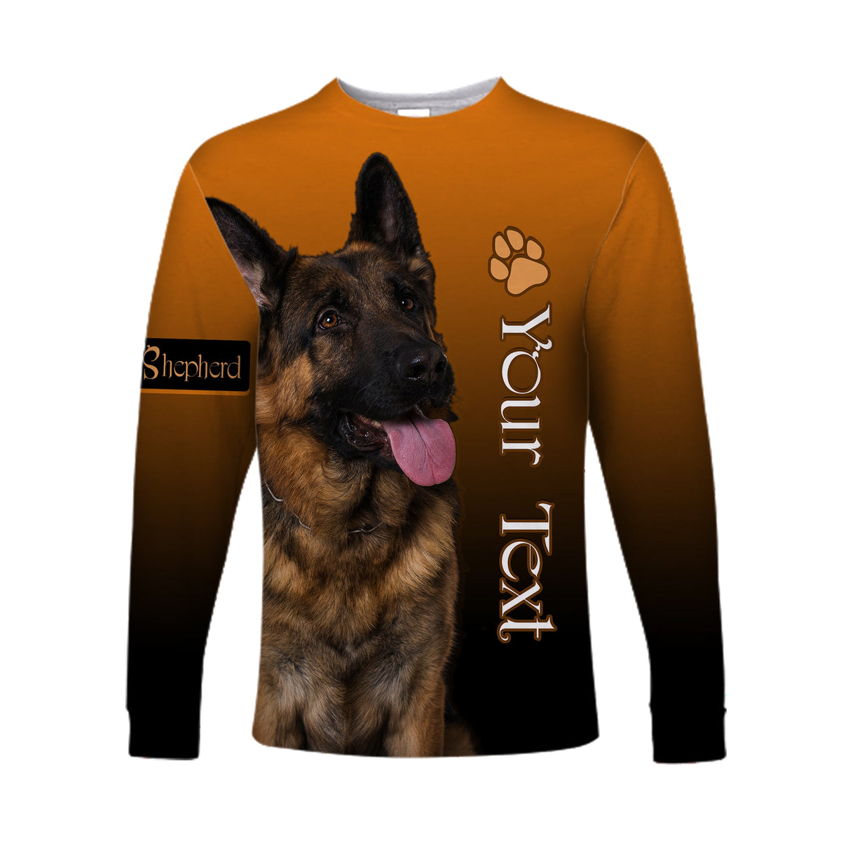 Orange long-sleeve shirt with German shepherd face, paw print and vertical text