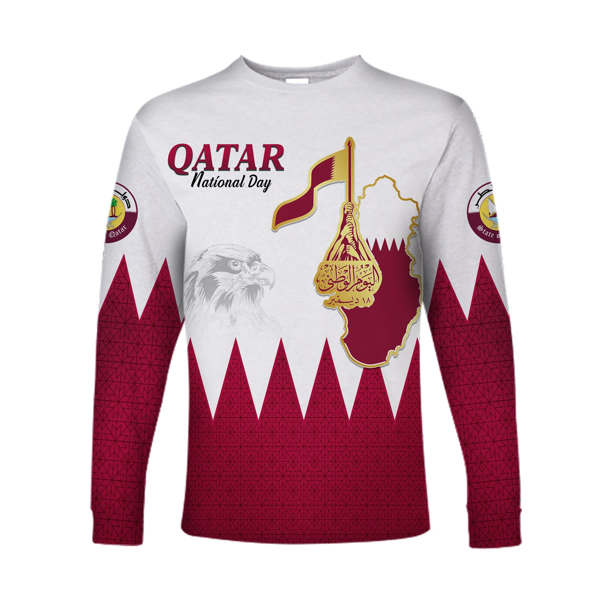 White long-sleeve shirt with Qatar National Day graphic and maroon flag design