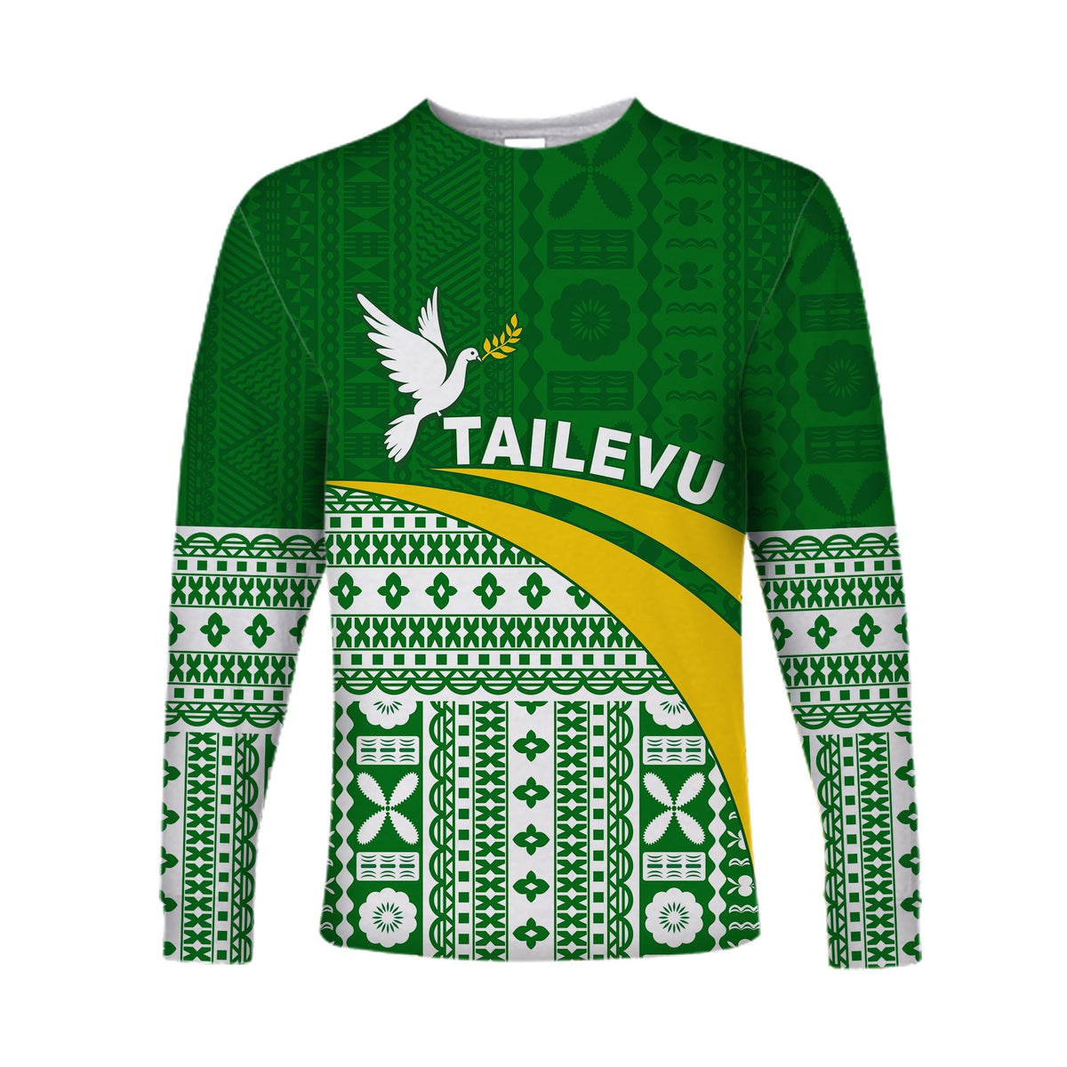 Green long-sleeve rugby shirt with Tapa-style pattern, dove and 'TAILEVU' graphic