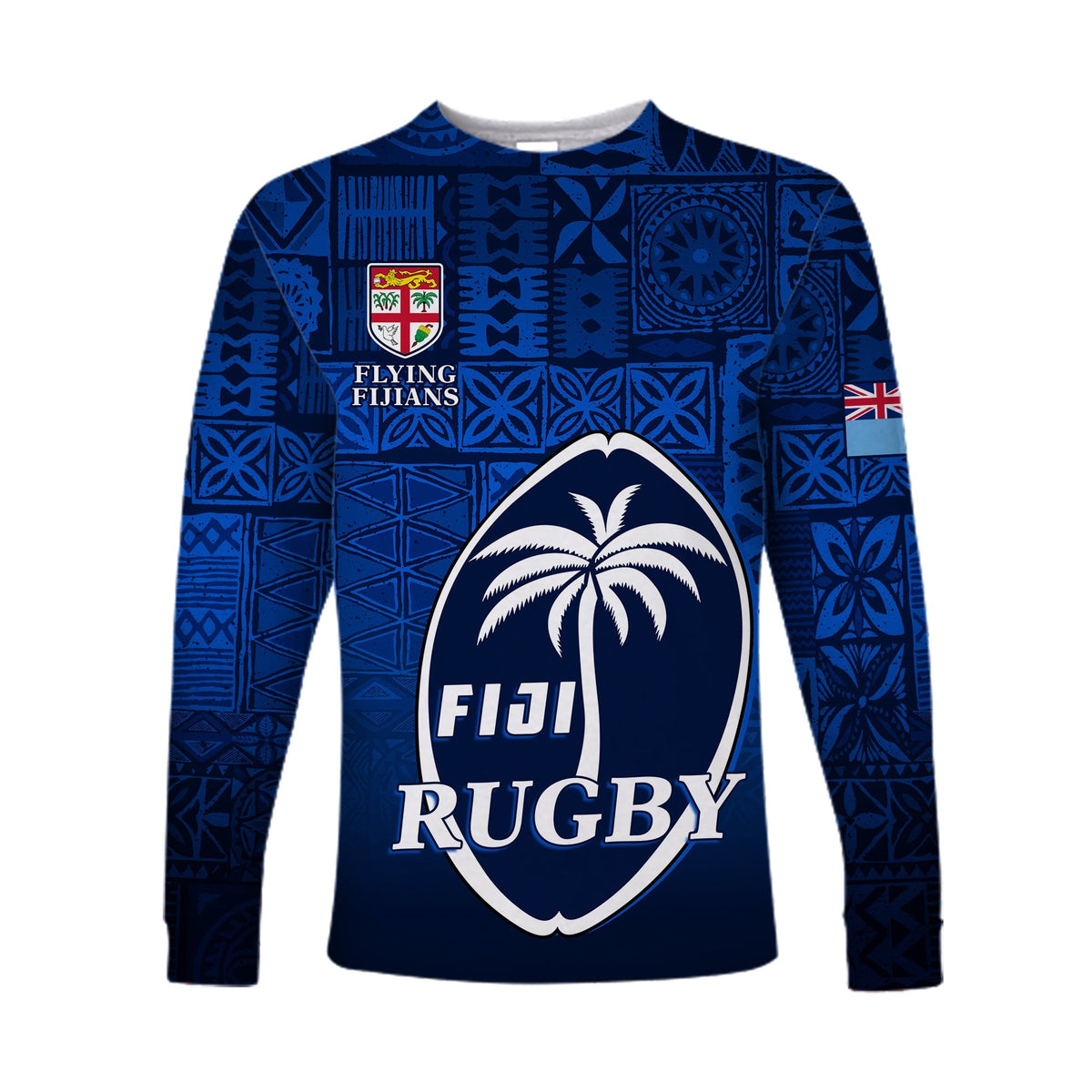 Blue long-sleeve Fiji rugby shirt with tapa pattern and crest