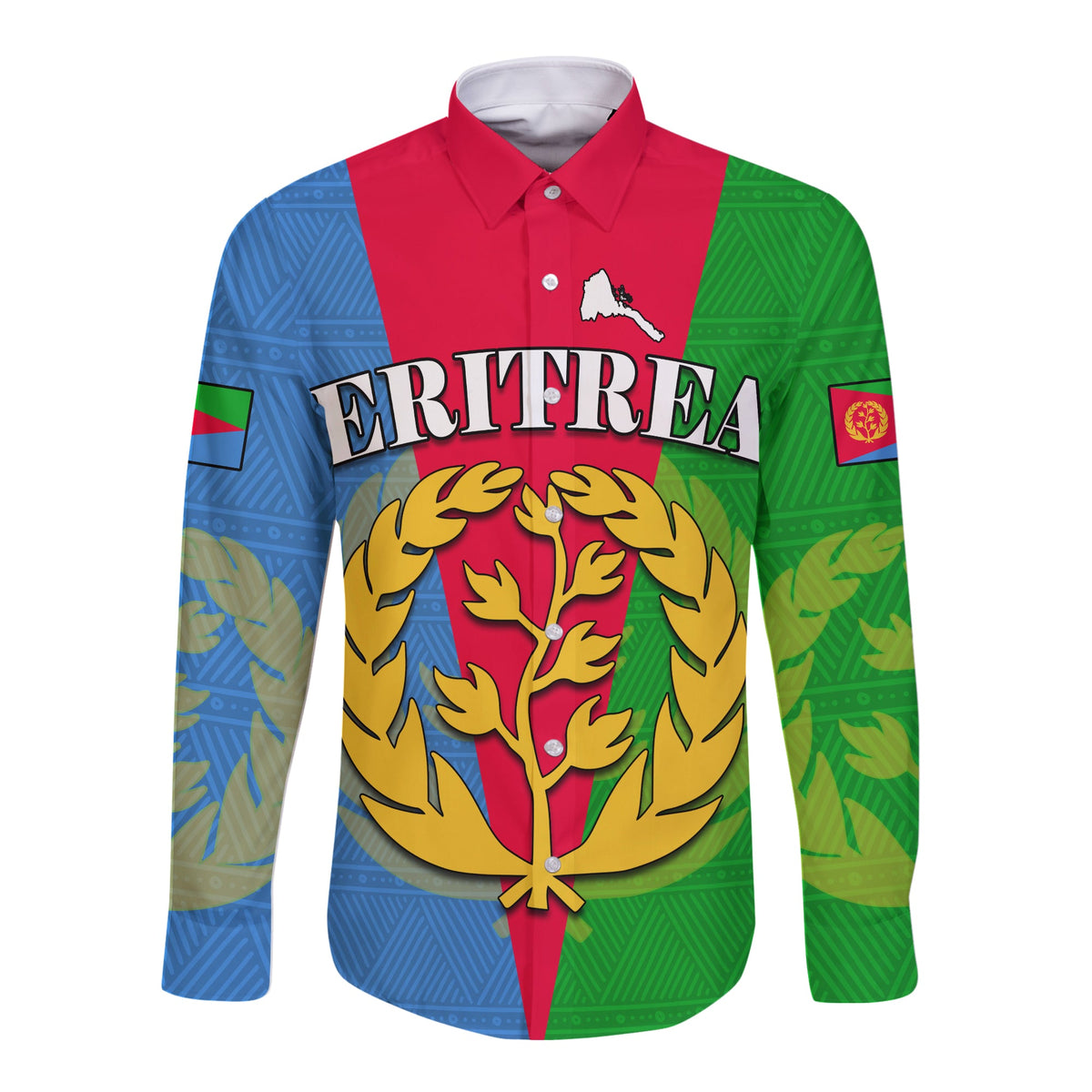 Unisex long-sleeve button shirt in blue-green-red with ERITREA wordmark and tree crest