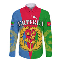 Unisex long-sleeve button shirt in blue-green-red with ERITREA wordmark and tree crest